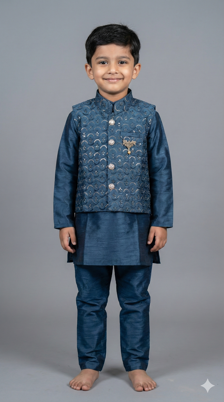 Teal Kurta Set With Sequins Vest