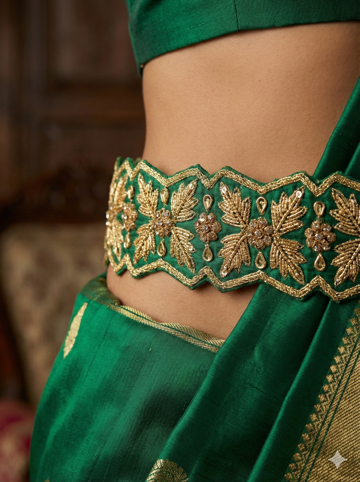 Dark Green Raw Silk Hand Embroidered Waist Belt