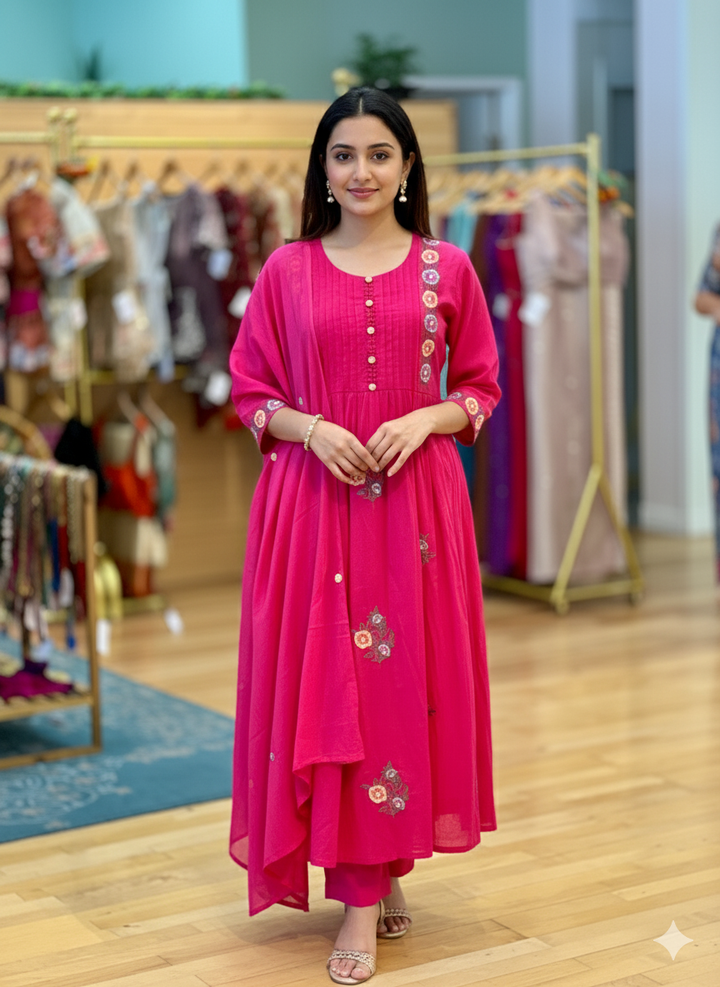 Hot Pink Mul Chanderi Anarkali Salwar set