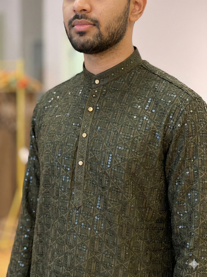 Dark Olive Green Sequins Kurta