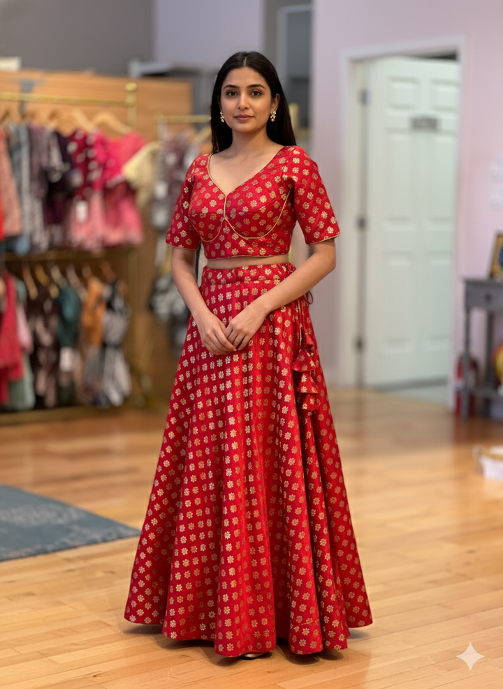 Red And Gold Banarasi Silk Brocade Lehenga Set