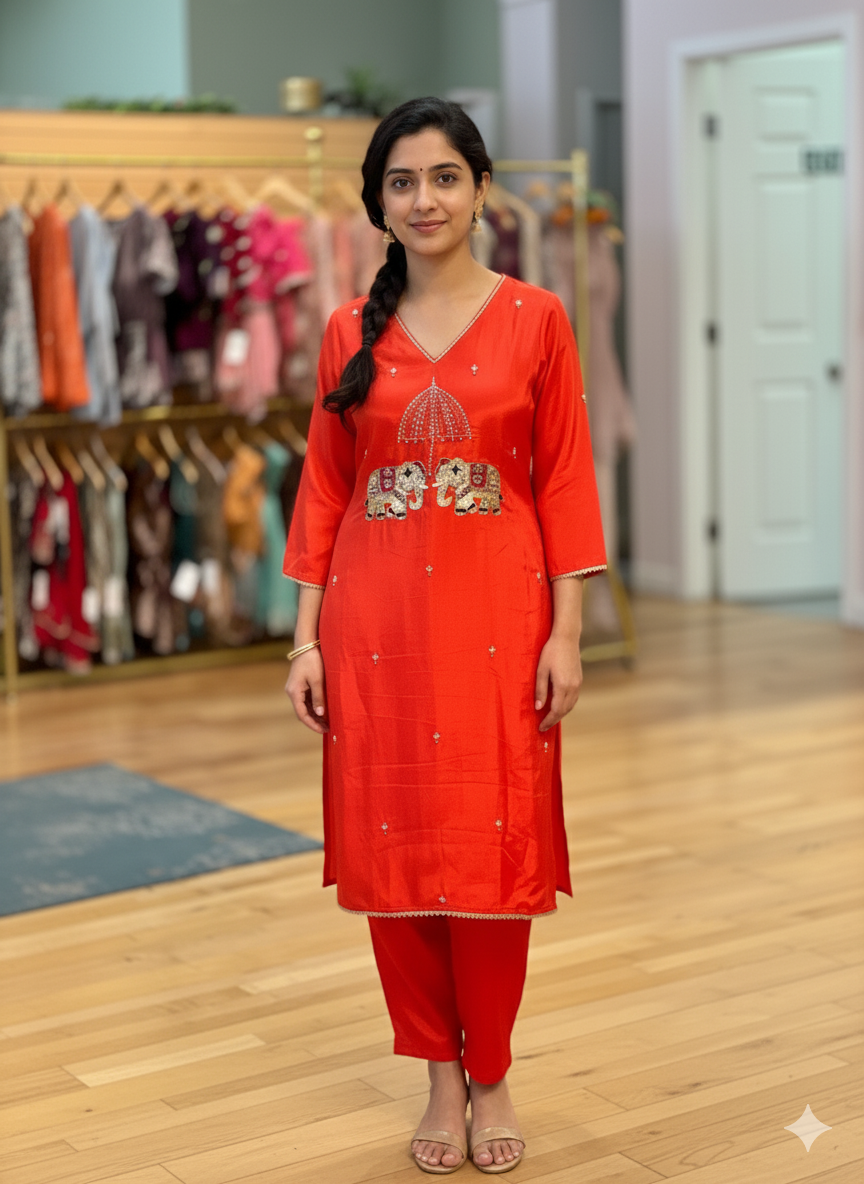 Orange and Pink Elephant Embroidered Set