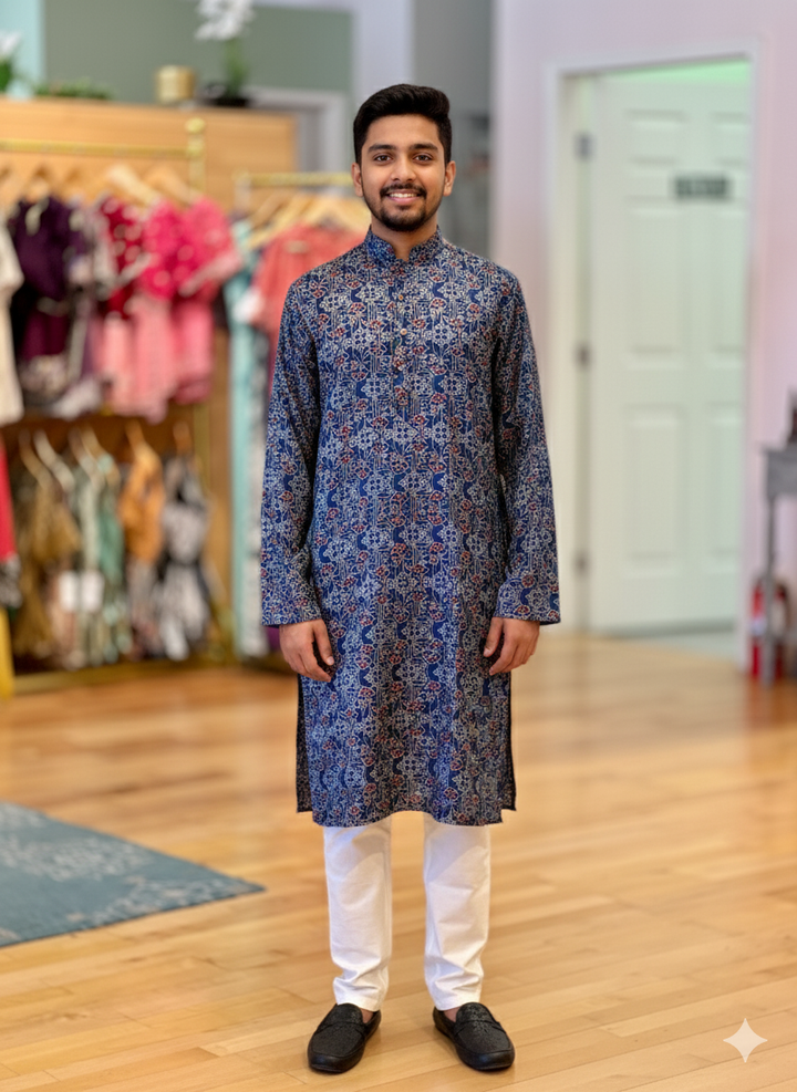 Indigo-Blue Gaji Silk Ajrakh Kurta