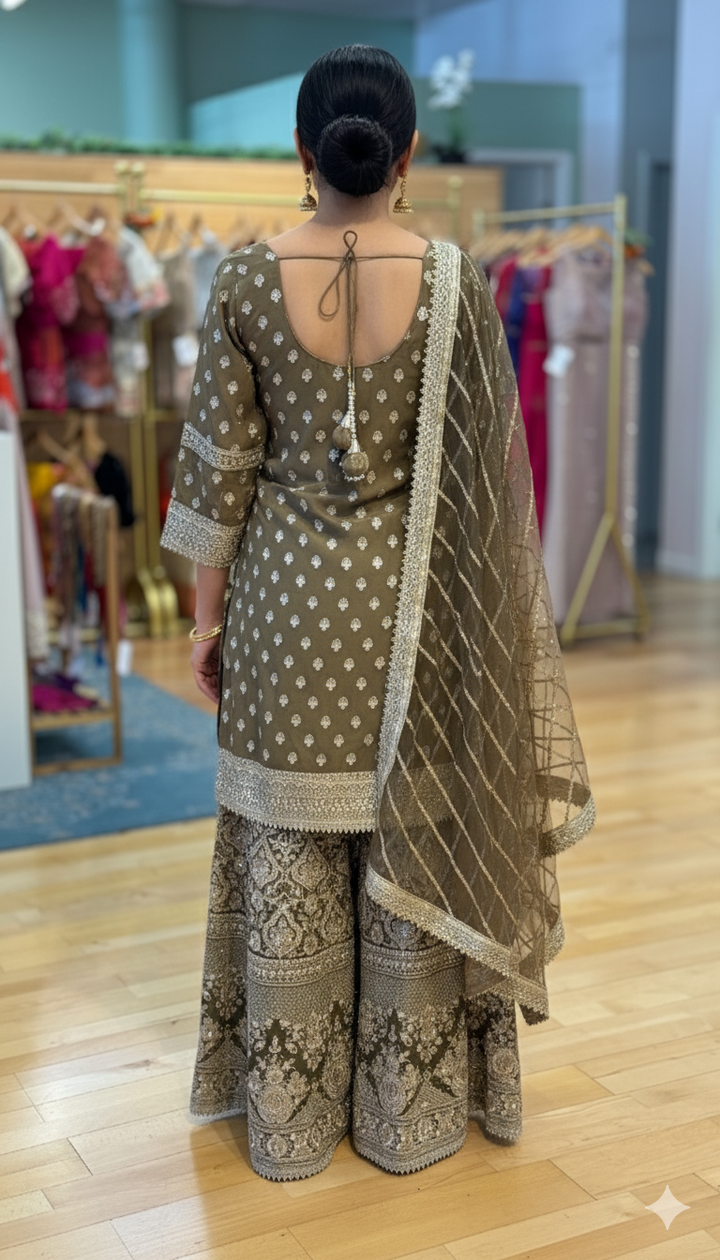 Gothic Olive Embroidered Sharara Set