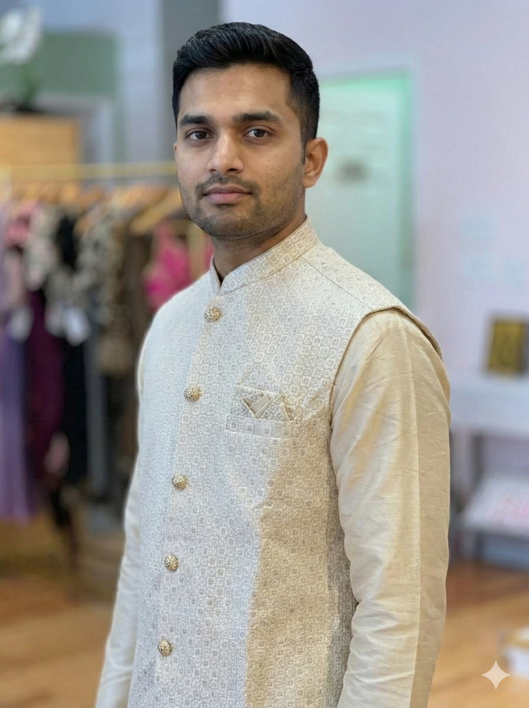 Ivory-Beige Kurta Set with Embroidery Vest