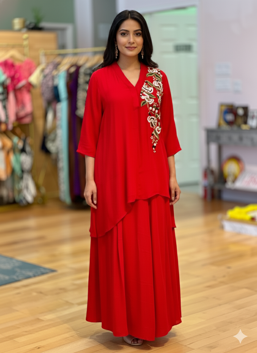 Red Embroidered Co-ord Set