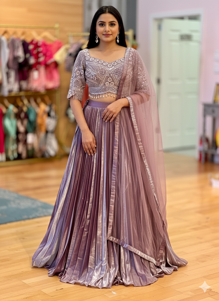 Pastel Mauve Crushed Tissue Lehenga With Embroidered Blouse And Dupatta