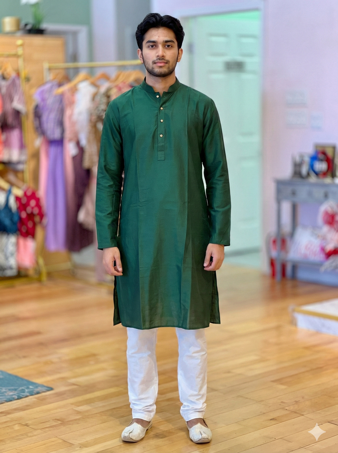 Emerald Green Plain Silk Kurta