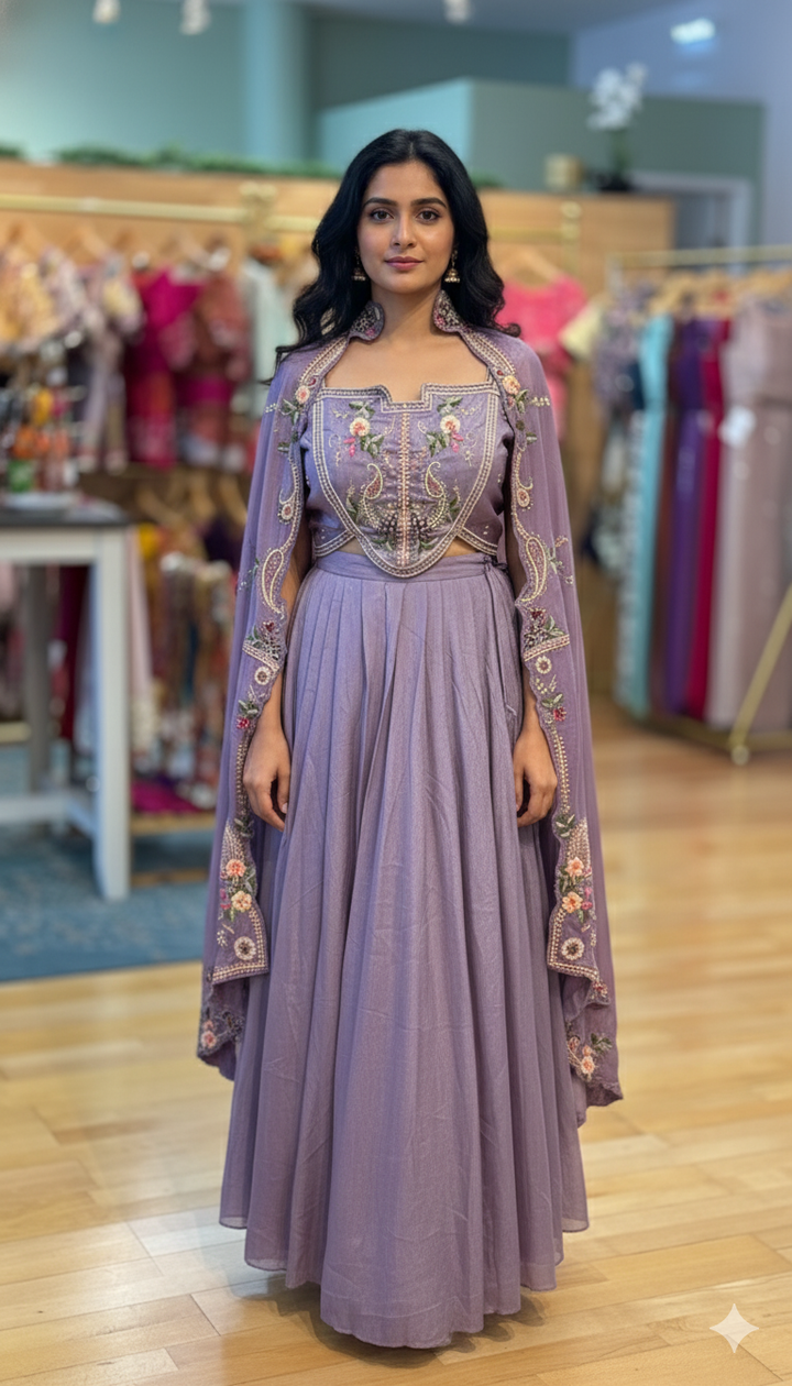 Heather Purple Sharara Set With Embroidered Blouse And Cape