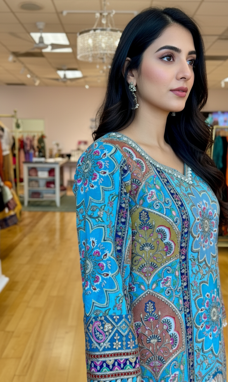 Sky Blue Multi-Floral Position Print Embroidered Gharara Set