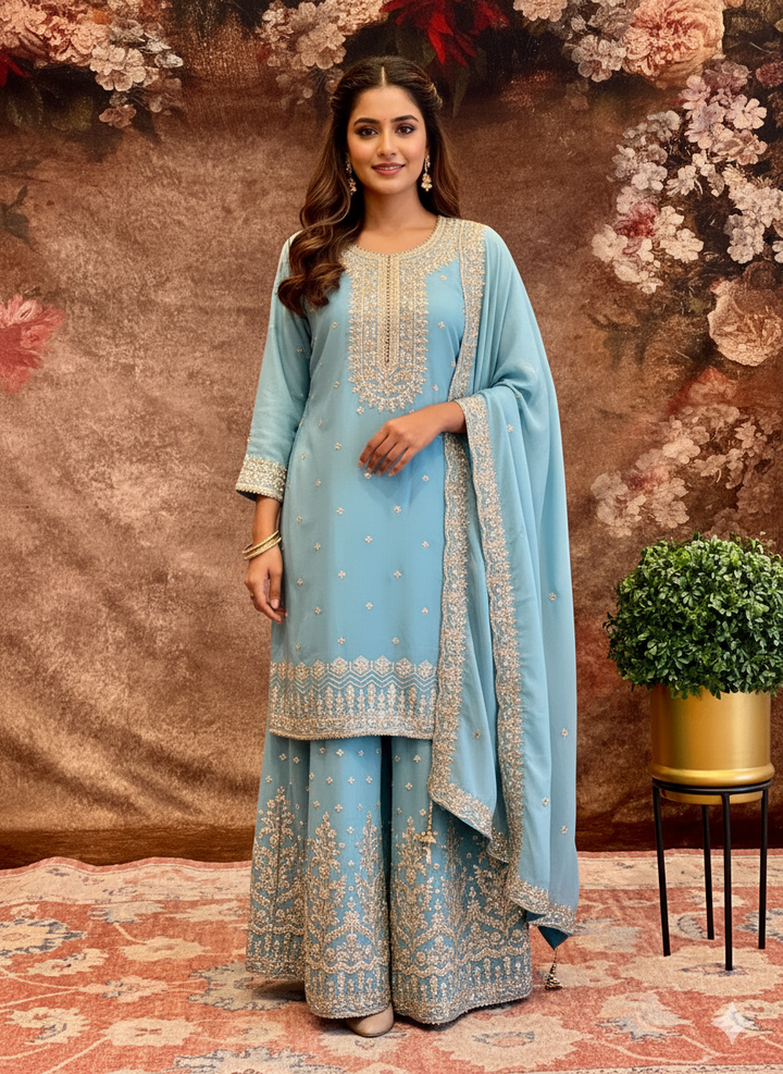 Baby-Blue Heavy-Embroidered Sharara Set