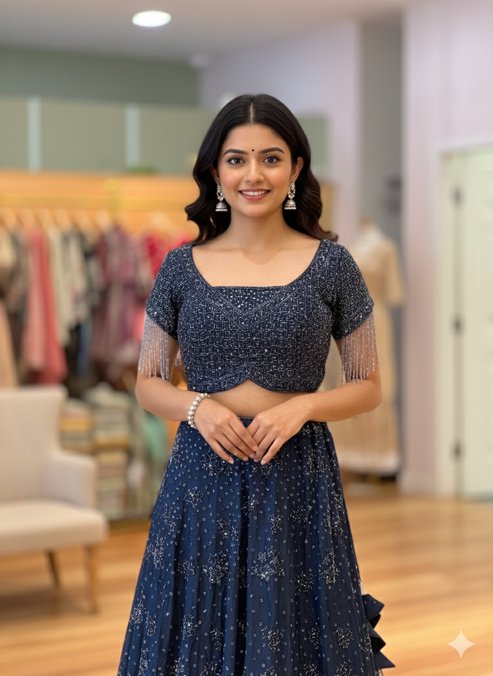 Ink Blue Hand Embroidered Lehenga