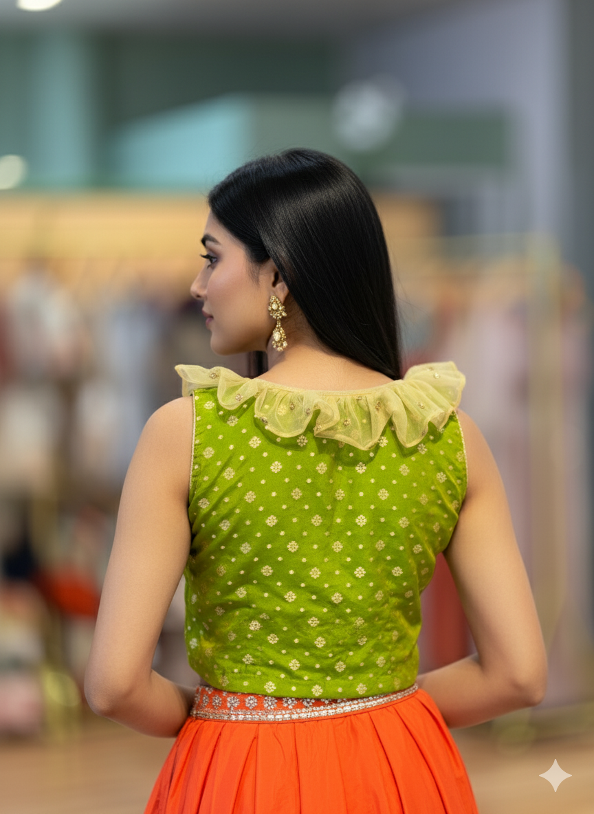 Parrot Green And Gold Ruffled Blouse