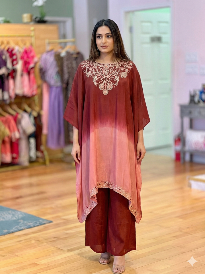 Dark And Light Rust Kaftan Top With Palazzo