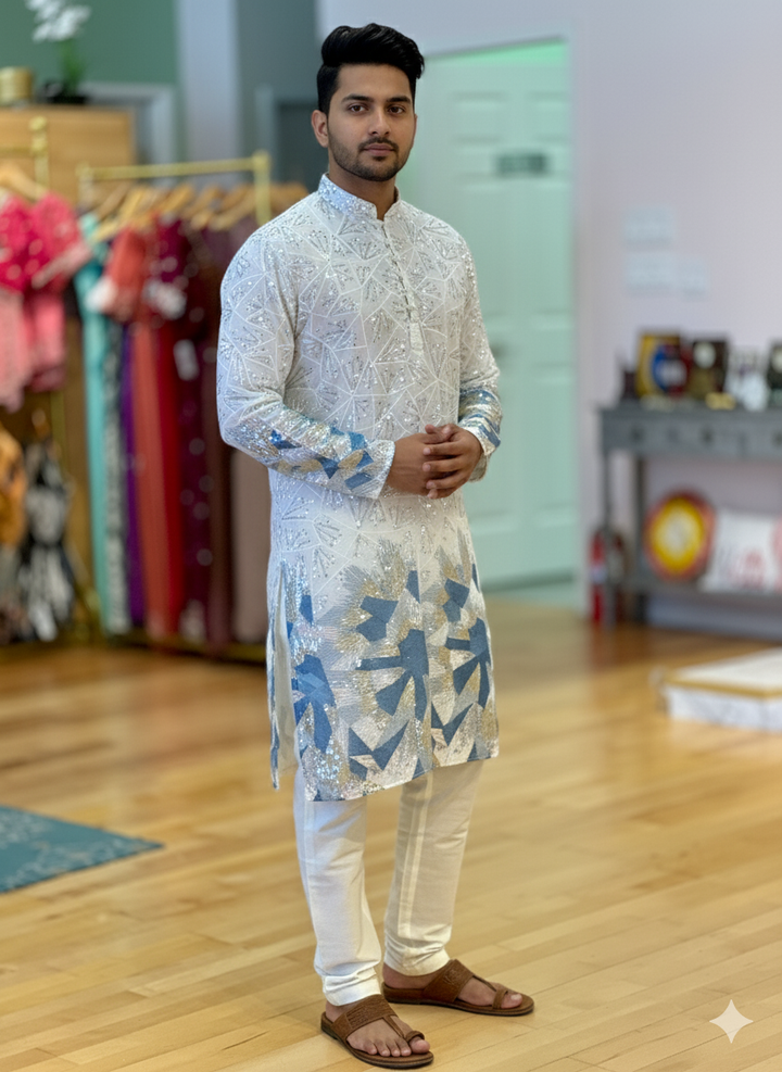 White Sequins Embroidered Kurta And Pajama