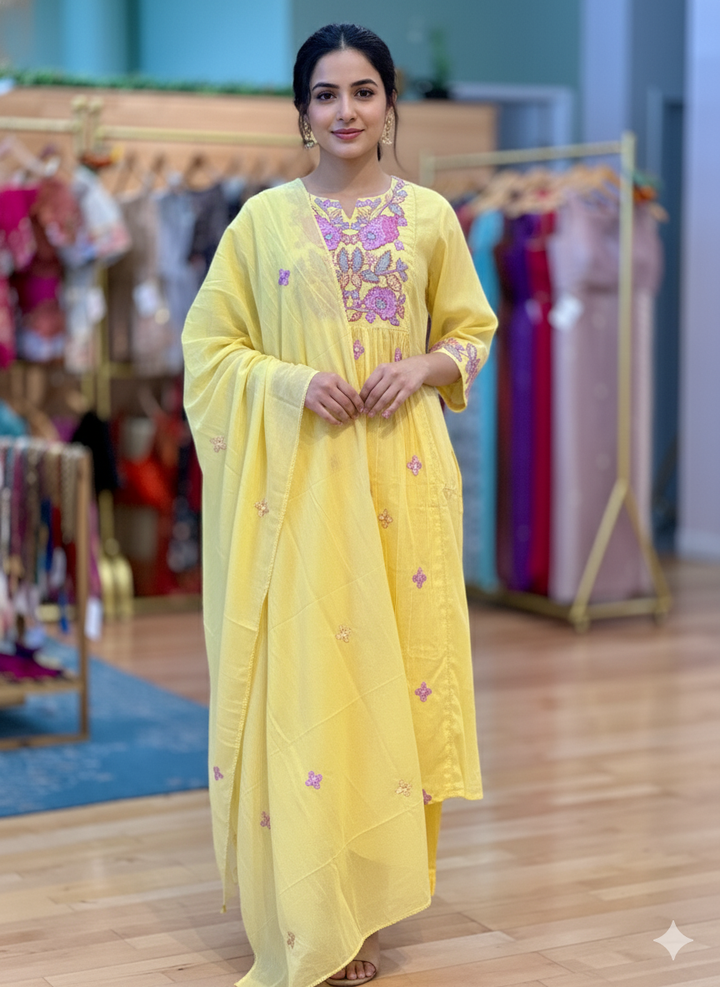 Yellow Mul Chanderi Anarkali Salwar Set
