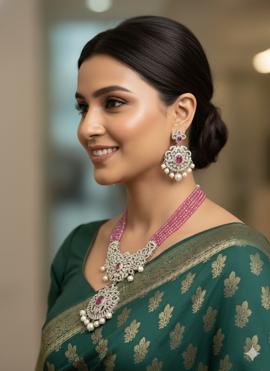 Ruby Gem Beads With AD Pendant And Ear rings