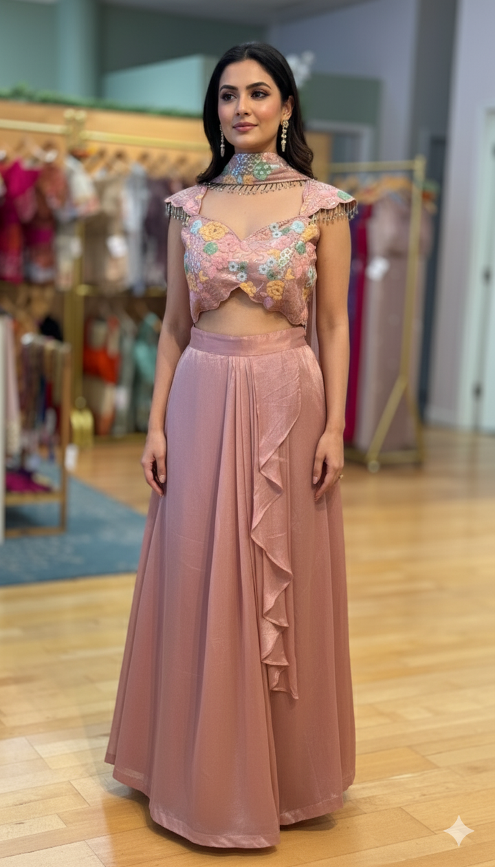 Dusty-Rose Coloured Draped Skirt With Sequins Embroidered Blouse And Choker Dupatta