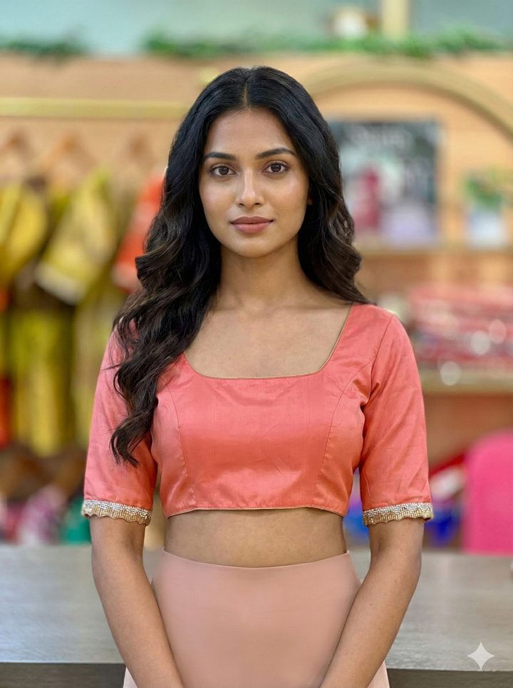 Dark Peach Silk Blouse With Embroidered Sleeve Borders