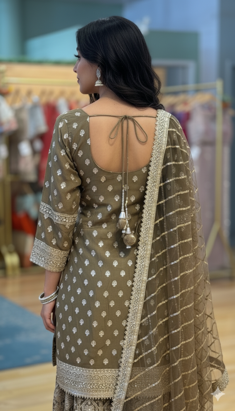 Gothic Olive Embroidered Sharara Set