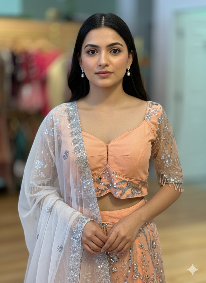 Pastel Peach And Silver Sequins Embroidered Lehenga Set