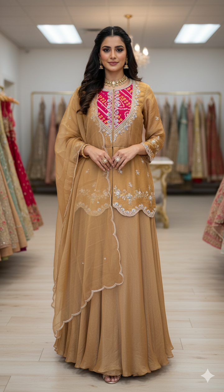 Sunset Gold Tissue Embroidered Sharara Set