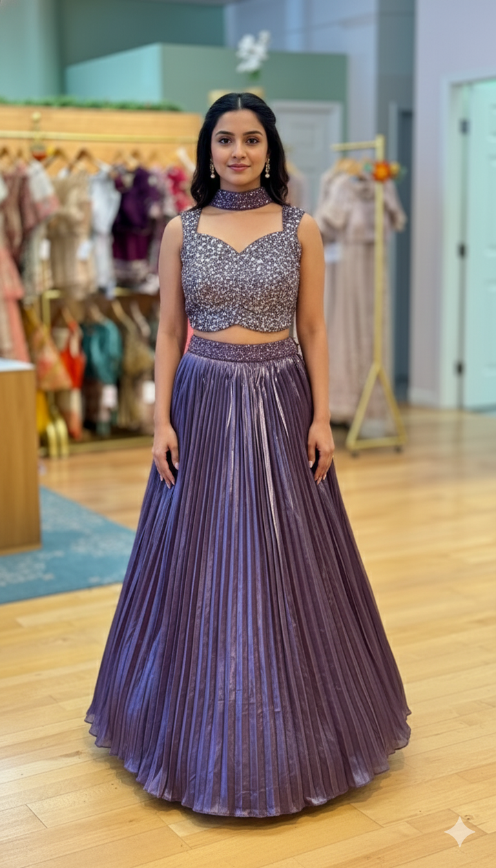 Dark Mauve Crushed Tissue Lehenga With Sequins Embroidered Blouse And Choker Dupatta