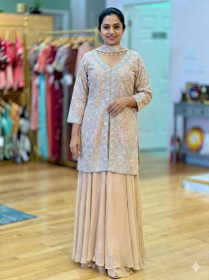 Pastel Peach Chikankari Embroidered Sharara Set With Choker Dupatta