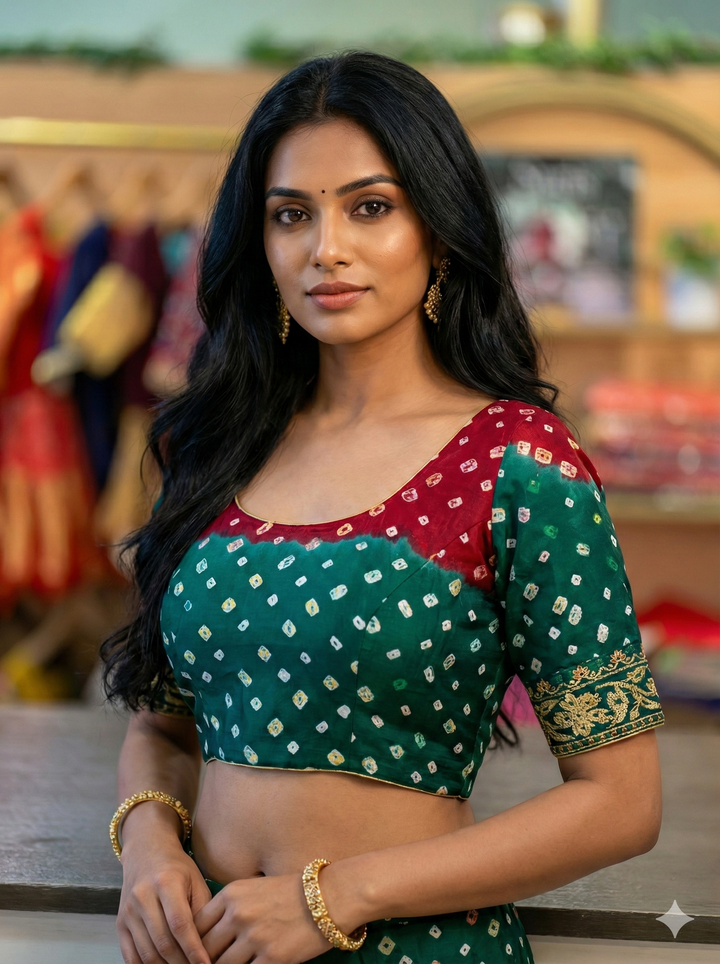 Maroon And Green Bandhani Blouse