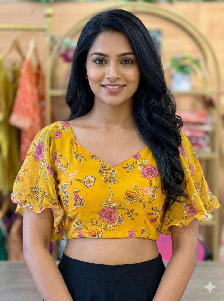 Yellow Floral Print Bell Sleeves Blouse