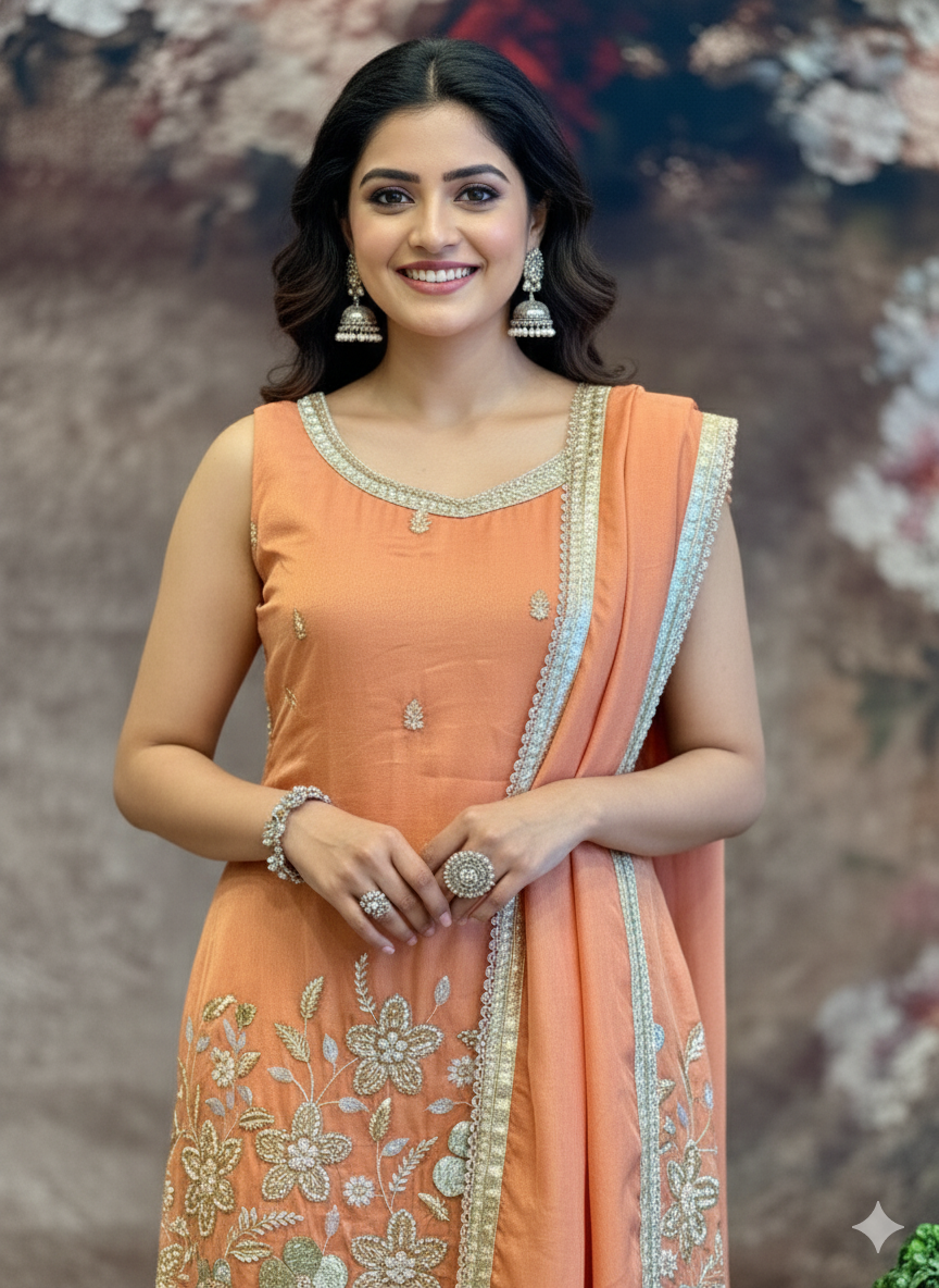 Peach Tissue Embroidered Sharara Set