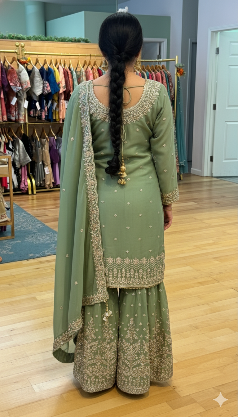Sage Green Embroidered Sharara Set