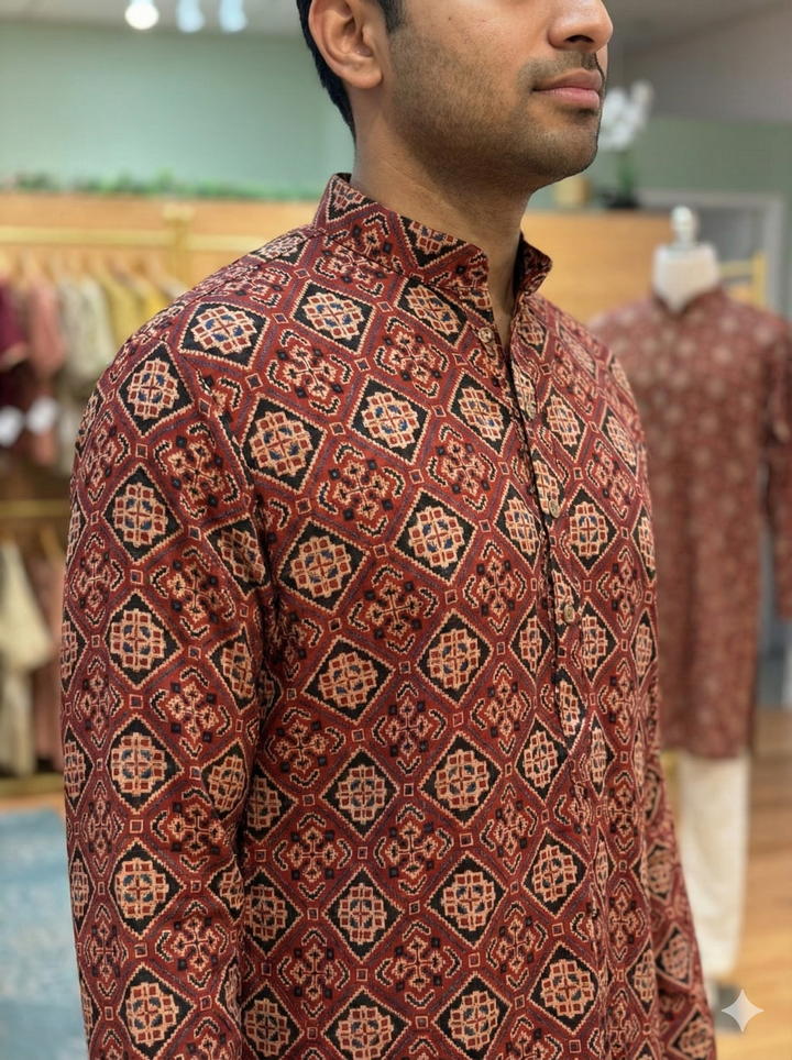 Maroon Gaji Silk Geometric Ajrakh Print Kurta
