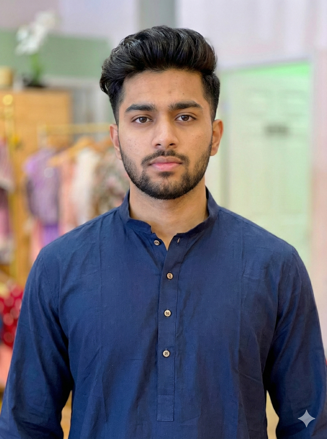 Navy Blue Plain Silk Kurta