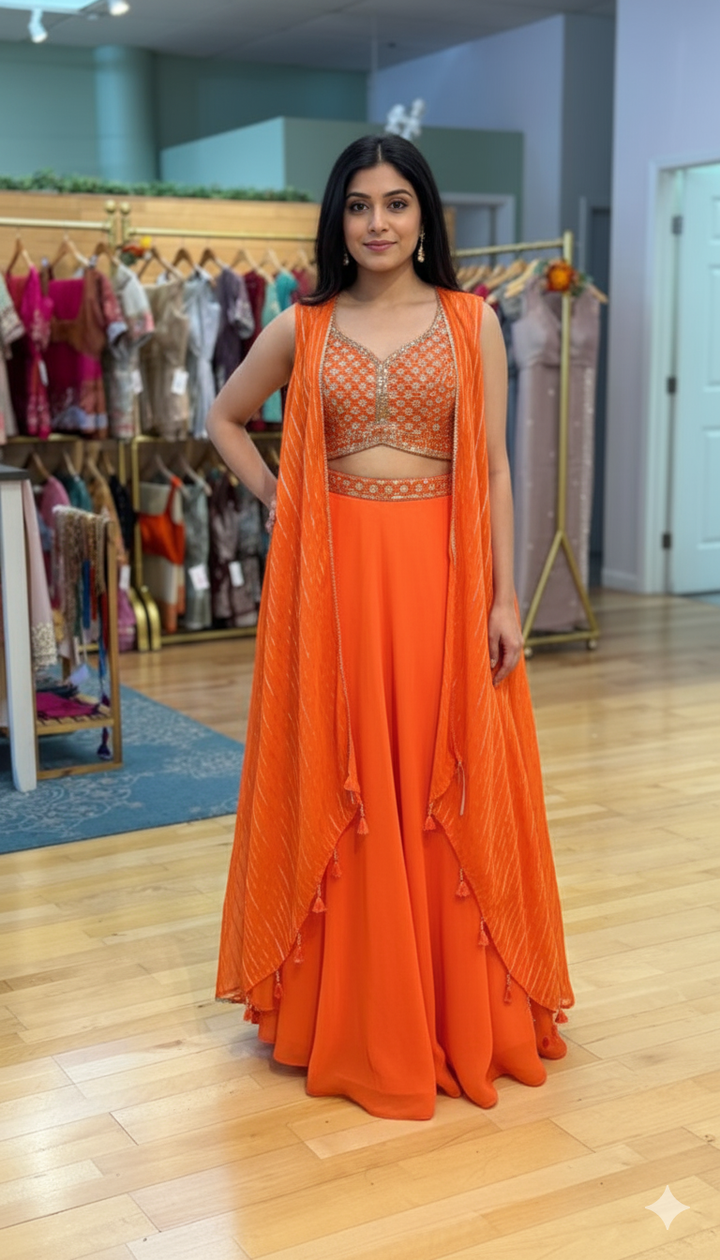 Orange Draped Skirt With Embroidered Blouse And Cape