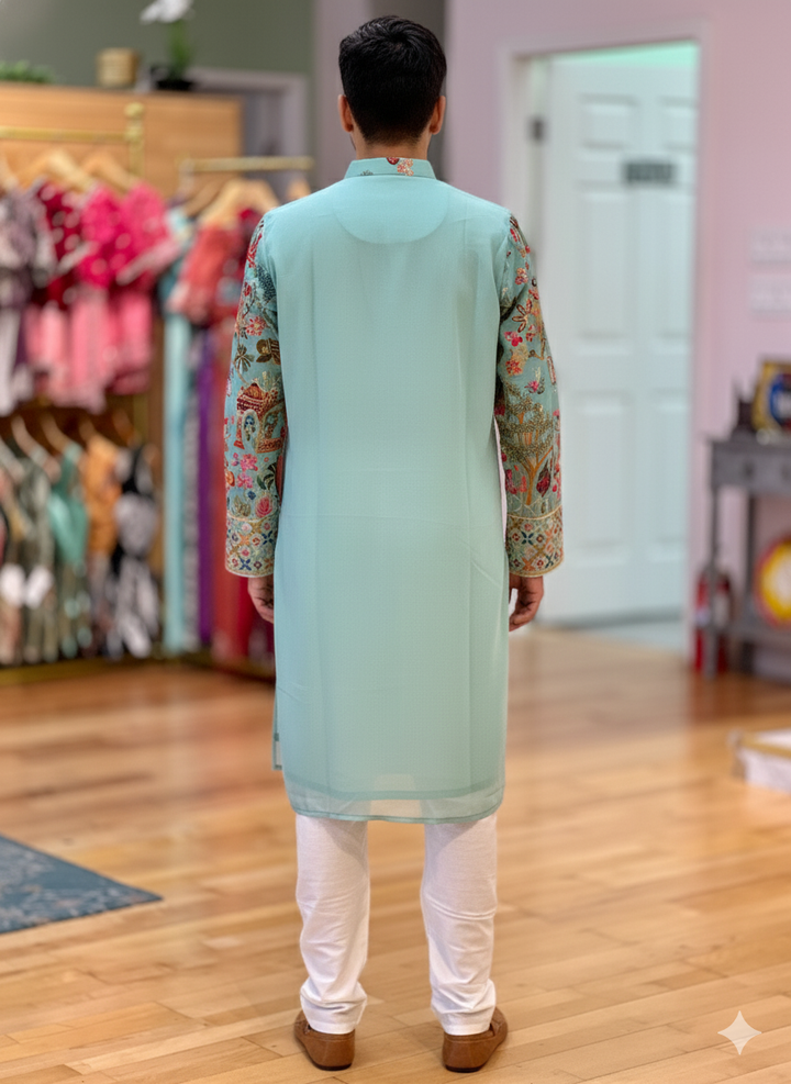 Aqua color Tree And Peacock Daman Work Kurta Pajama Set