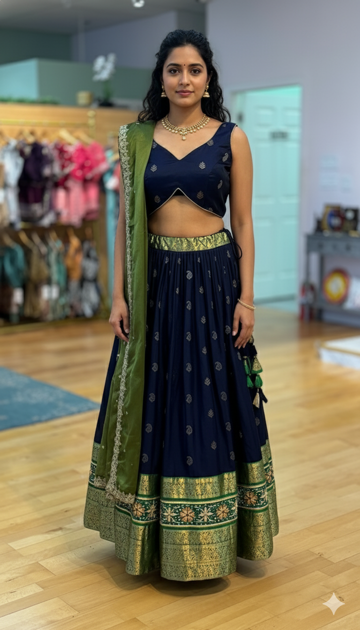 Navy Blue And Green Kanchi Silk Lehenga