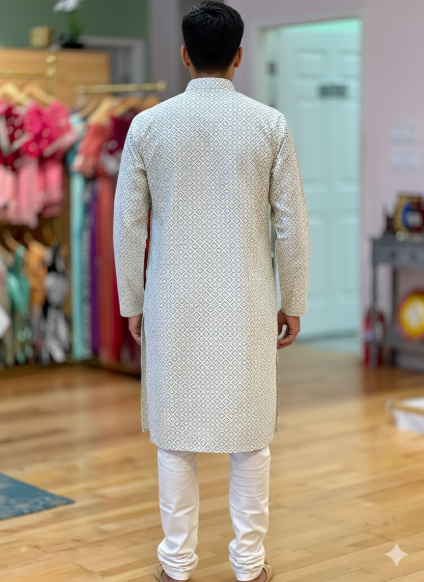Ivory and Green Sequins Chikankari Kurta Set