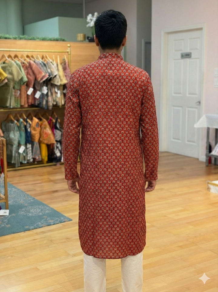 Red Gaji Silk Ajrakh Print Kurta