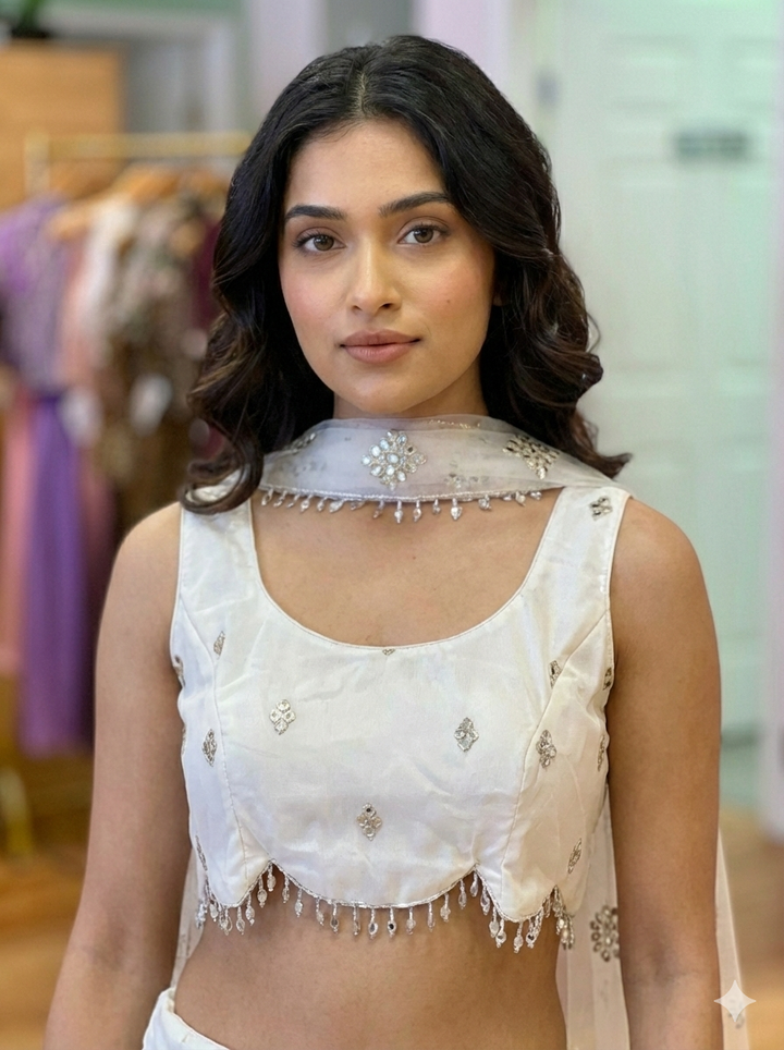 Pearl White And Gold Embroidered Lehenga Set