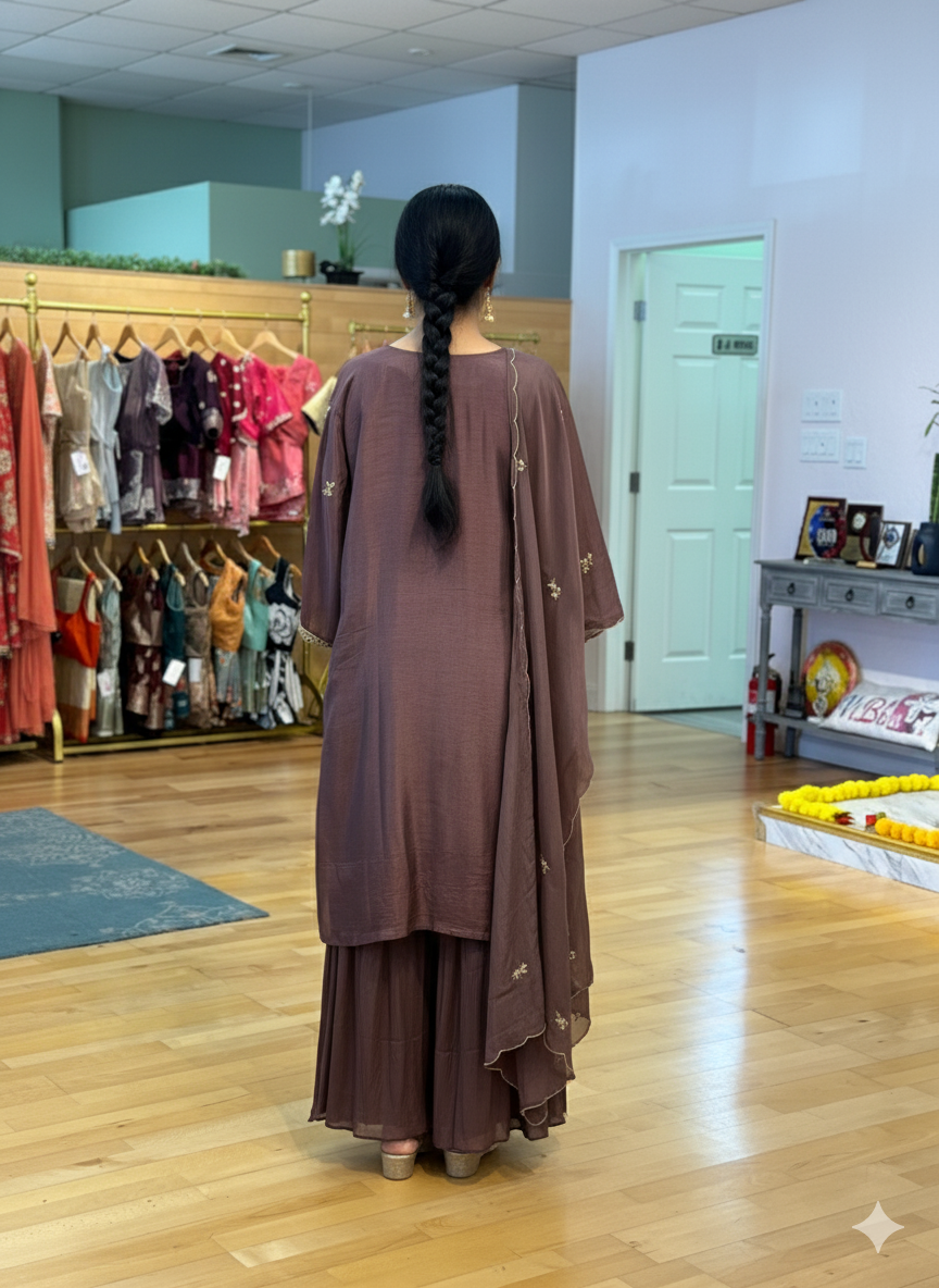 Brown Thread Embroidered Gharara