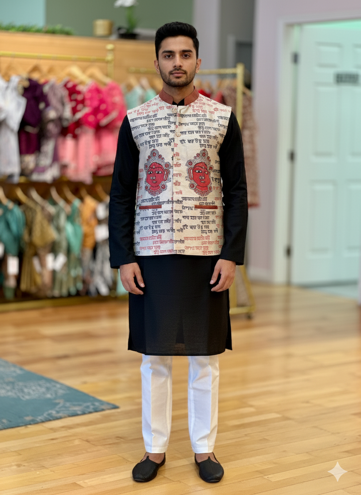 Off-White Color Base Goddess Durga Face And Calligraphy Block Print Vest