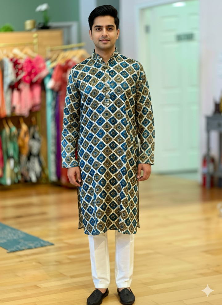 Blue And Green Gaji Silk Ajrakh Block Print Kurta