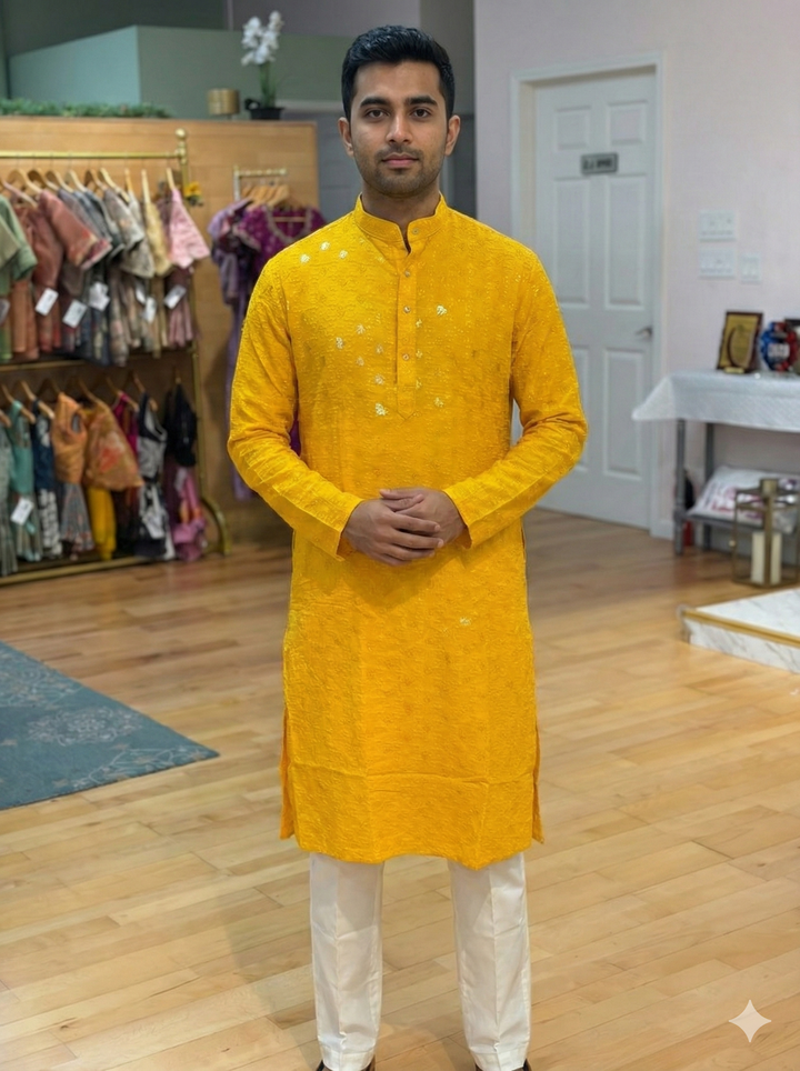 Yellow Chikankari Sequins Kurta
