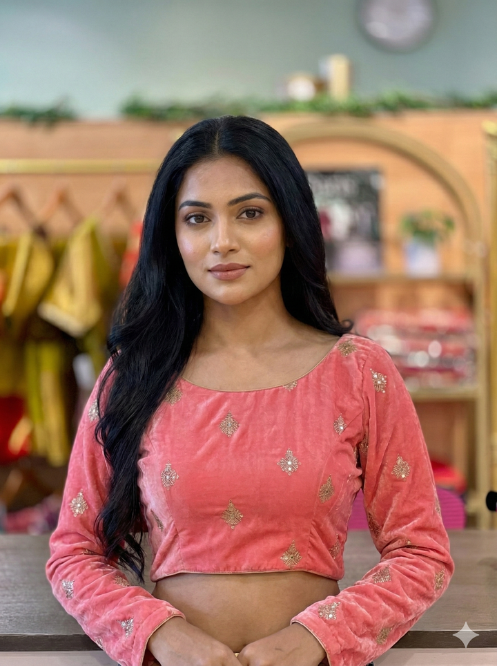 Dark Peach Velvet Full Sleeved Blouse