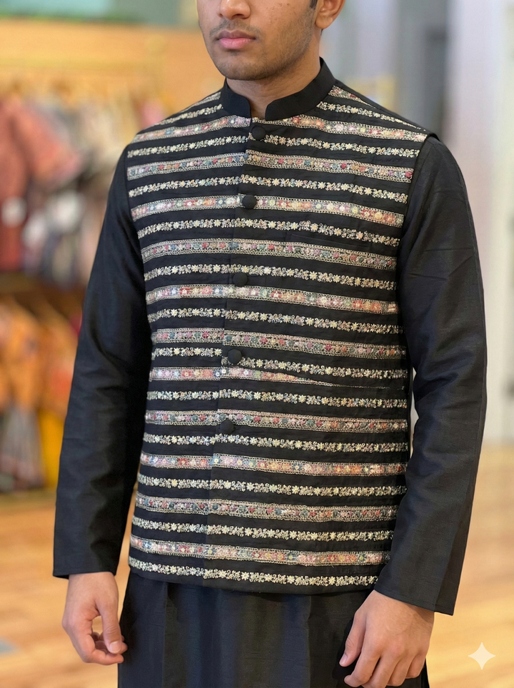Black Kurtaset with Gold-Embroidered vest