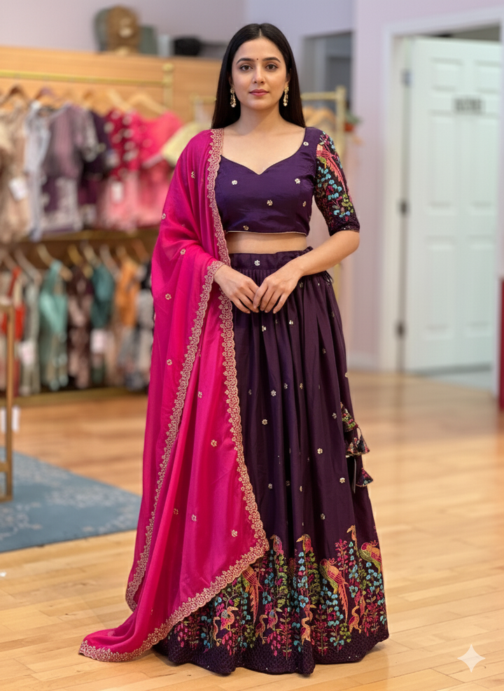 Dark Plum And Pink Embroidered Lehenga Set