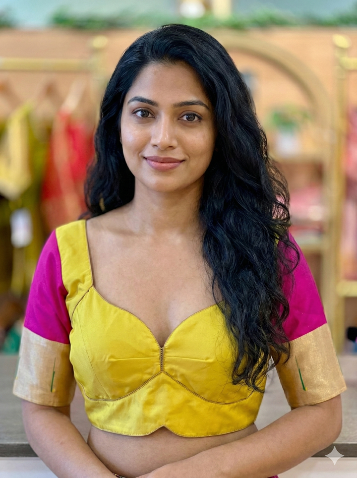 Yellow And Pink Silk Blouse With Paithani Sleeves