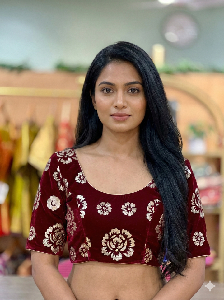 Dark Maroon Velvet Embroidered Blouse