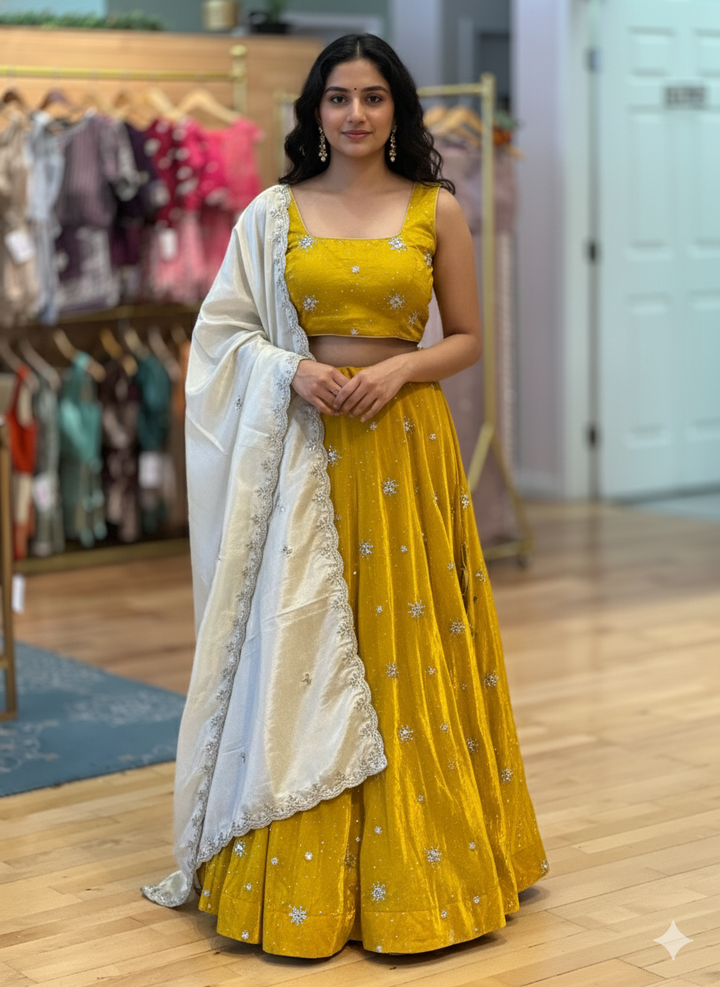 Mustard Yellow And Ivory Embroidered Lehenga Set